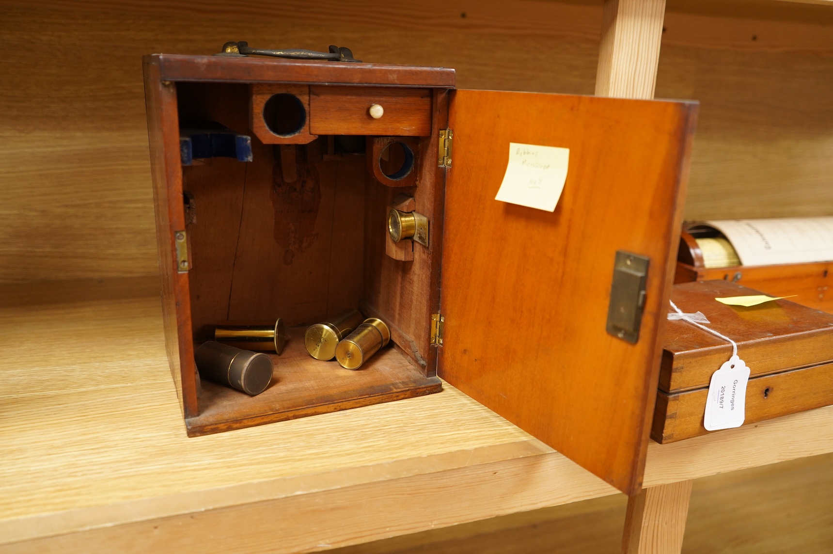 A late 19th century lacquered brass spectroscope, in three sections , by John Brown, 63, Strand, London, mahogany cased; 19 x 13.5 x 7cm